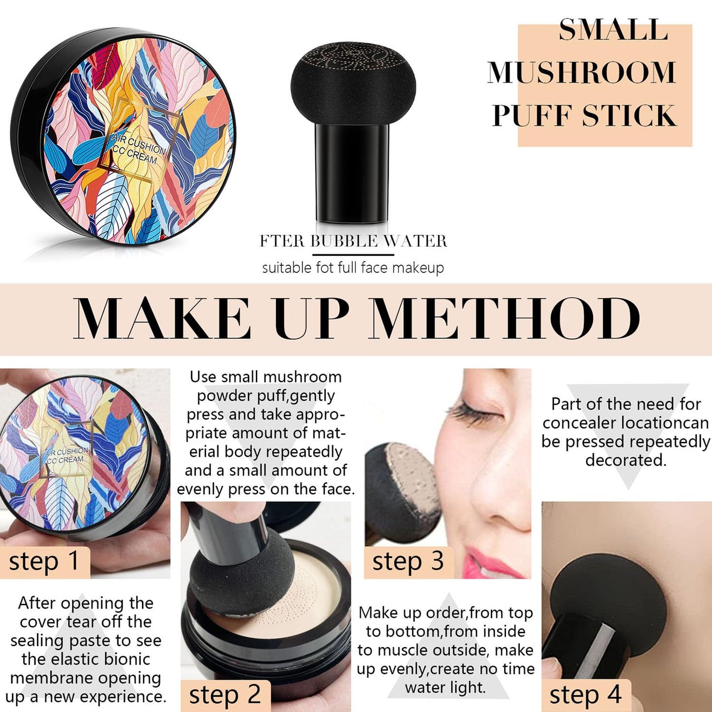Indicativet Mushroom Head Air Cushion Cc Cream, Air Cushion Cc Cream Mushroom Head Foundation, BB Cream Face Make Up, Long Lasting Matte Moisturizing Concealer, New Packaging (Natural, 1Pcs)