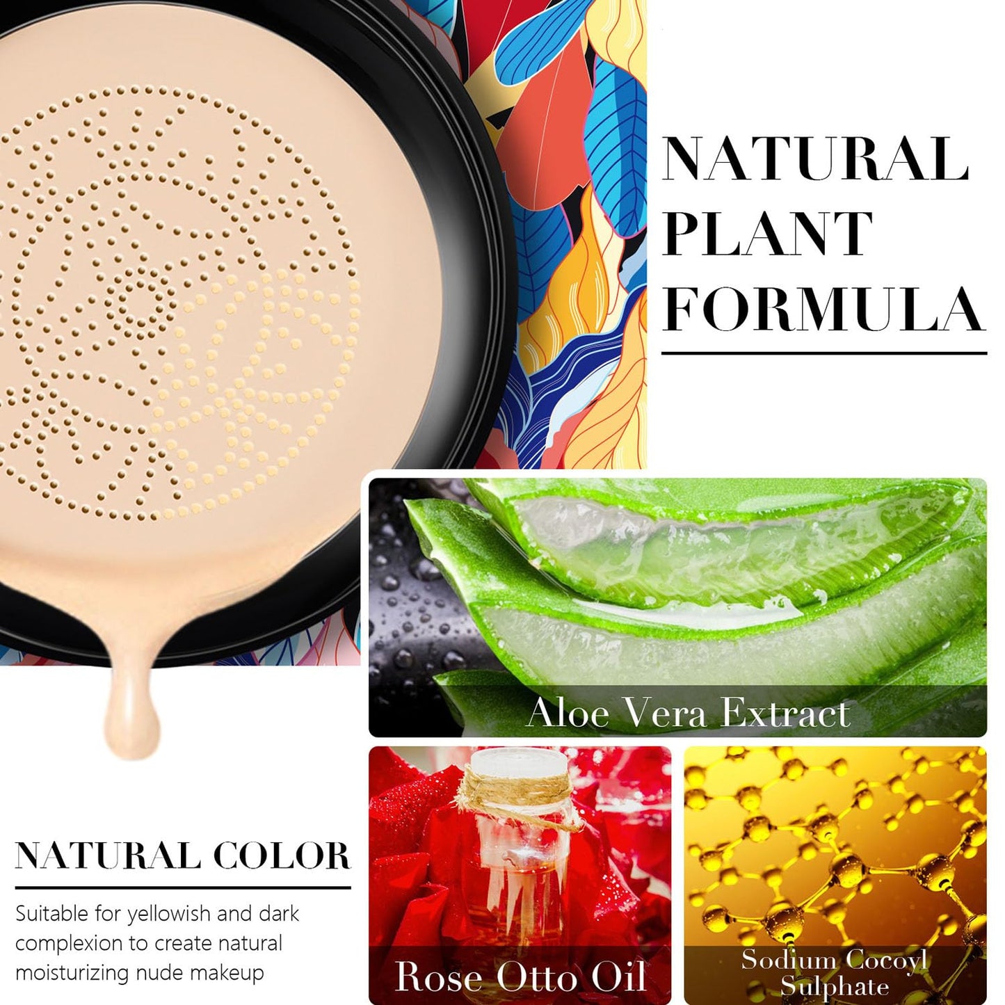 Indicativet Mushroom Head Air Cushion Cc Cream, Air Cushion Cc Cream Mushroom Head Foundation, BB Cream Face Make Up, Long Lasting Matte Moisturizing Concealer, New Packaging (Natural, 1Pcs)