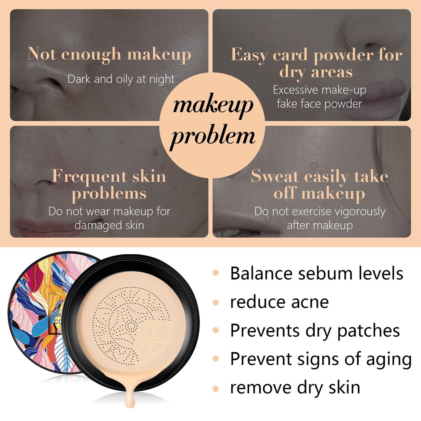 Indicativet Mushroom Head Air Cushion Cc Cream, Air Cushion Cc Cream Mushroom Head Foundation, BB Cream Face Make Up, Long Lasting Matte Moisturizing Concealer, New Packaging (Natural, 1Pcs)